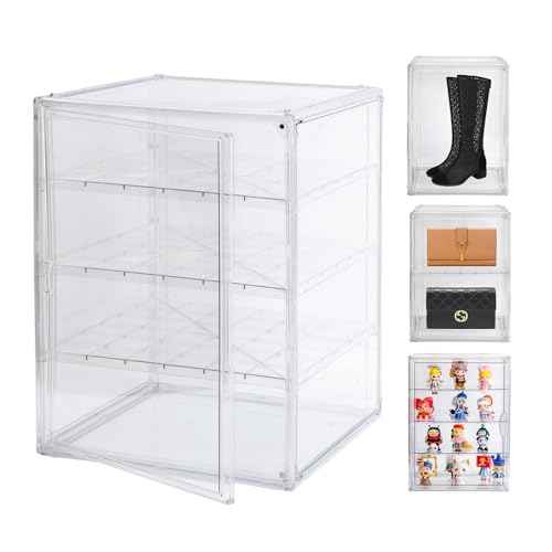 3X-Large 4 Tiers 17.7"X13"X13" Acrylic Display Case with 3 Division Boards, Clear Organizer Box Plastic Holder with Magnetic Door for Handbags, Purses, Boots, Figures, Book