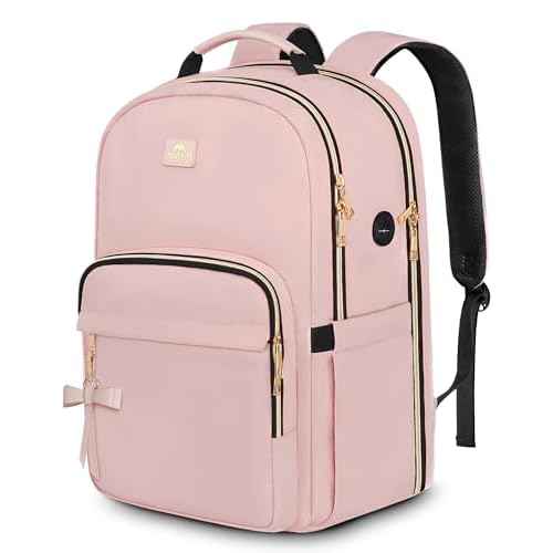 MATEIN Pink Laptop Backpack for Women, 17 Inch TSA Approved Anti Theft Padded Travel Backpack with Charging Hole & Luggage Strap, Large Water Resistant Work Computer Bag for Nurse College