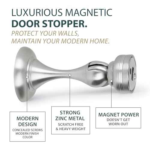 Mega Handles Magnetic Door Stopper, Scratch Free Magnetic Door Catch for Wall, Elegant Magnet Stopper for Floor or Wall - Satin Nickel (2 Pack)