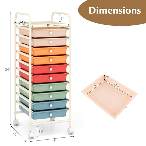 RELAX4LIFE Macaron 10-Drawer Rolling Cart with Lockable Casters, 34" H Craft Storage Trolley