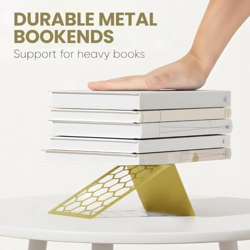 GEOMOD Gold Geometric Honeycomb Metal Bookends - 2 Pair, Heavy Duty Home Office Shelving