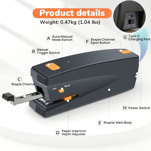Rechargeable Electric Stapler with 25-Sheet Capacity - Quiet, Jam-Free, USB-C Battery