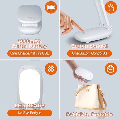 LED Desk Lamp for Office Home & Battery Operated Lamp Rechargeable Lamp Foldable & Portable Light, [2-Fold Bracket] 3 Brightness Dimmable Small Desk Lamp Wireless Reading Lamp (White)