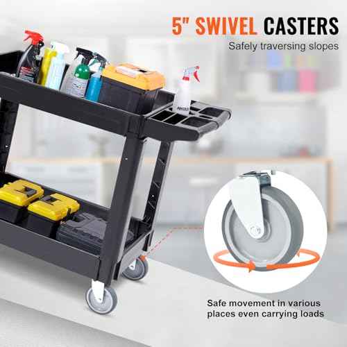 VEVOR Utility Service Cart, 2 Shelf 550LBS Heavy Duty Plastic Rolling Utility Cart, Medium Lipped Shelf, 360¡Æ Swivel Wheels, Ergonomic Storage Handle for Warehouse Garage, Black