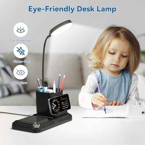 KDD 4 in 1 Desk Lamp with Wireless Charger - 360¡Æ Rotating Gooseneck Small Table Lamp with Pen Holder & Phone Stand, Adjustable White and Warm Light Dual Mode LED Desk Light for College Dorm Room