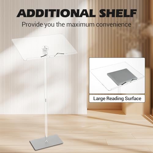 Acrylic Podium - 50 in Tall, Clear Acrylic Stand, Wide Reading Surface,Floor-Standing Pulpit for Churches, Conferences, Speeches, Weddings, Classroom