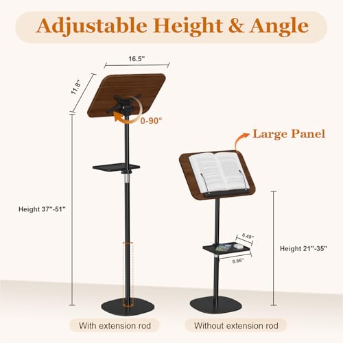 Snughome Lectern Podium Stand with Storage Tray, Height Adjustable Lectern Stand Mobile Podium, Portable Floor Standing Podium Lectern for Church, Weddings, Classroom, Speech