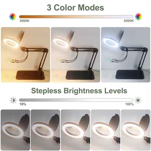 Magnifying Glass with Light, EOOKU 3-in-1 Magnifying Desk Lamp 5X LED Magnifying Lamp with Heavy Base & Clamp, 5 Color Modes Stepless Dimmable, Magnifier Light for Soldering Craft Workbench