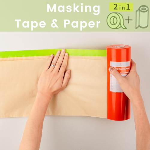 Pre-Taped Masking Paper with Dispenser - 18" x 66' Painters Paper and Tape Attached for Painting House, Automotive Paint Masking Paper Roll for Windows, Cars, Auto-Body (1 Dispenser 4 Refills)