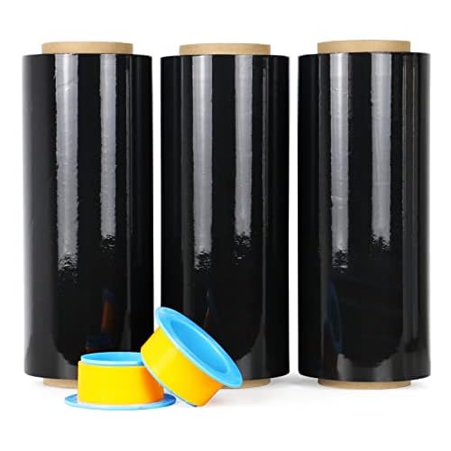 BOMEI PACK Black Stretch Wrap Industrial Strength with Plastic Handle 12" x 1000 Feet 80 Gauge 3-Pack, Black Shrink Wrap, Self-Adhering Black Plastic Wrap for Shipping, Moving