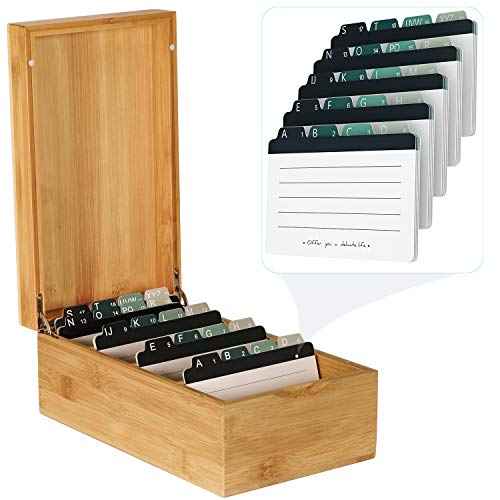 MaxGear Index Card Holder, 3 x 5 Inch Business Card Organizer for Desk with 4 Dividers, Bamboo Index Cards Box with A-Z Tabs Holds 600 Cards for Recipe Flash Storage