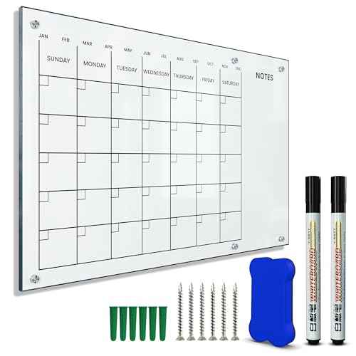 Devoo Acrylic Wall Calendar, Dry Erase Monthly Planner Board Back To School Clear Glass-Look Acrylic Calendar with Markers, Eraser & Mounting Kit (black and grey, 23 * 16)