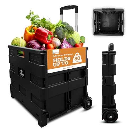Inspired Living Collapsible Ultra-Slim Pack-N-Roll, 2 Wheel Utility Cart , With Telescopic Handle - Super Strong up to 80 Lbs Load Capacity, Black