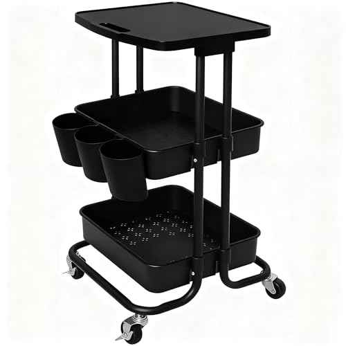 3 Tier Rolling Cart with Table Top, Black Metal Utility Storage Organizer Carts with Hanging Cups and Hooks, Multifunctional Mobile Cart with Casters for Small Spaces, Classroom,Offices,Dorm
