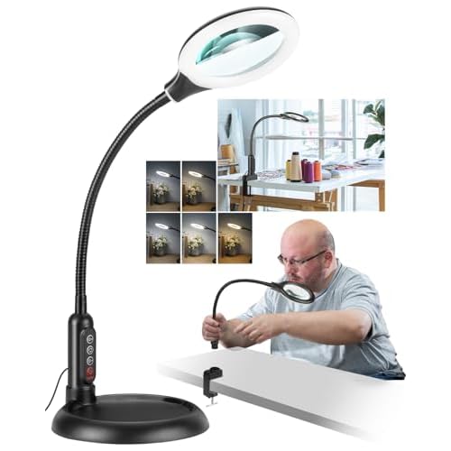 10X Magnifying Glass with Light and Stand, LED 5 Color Modes, Brightness Stepless Dimming Lighted Magnifier Hands Free, Flexible Gooseneck Desk Lamp with Clamp for Close Works, Crafts, Hobby, Painting
