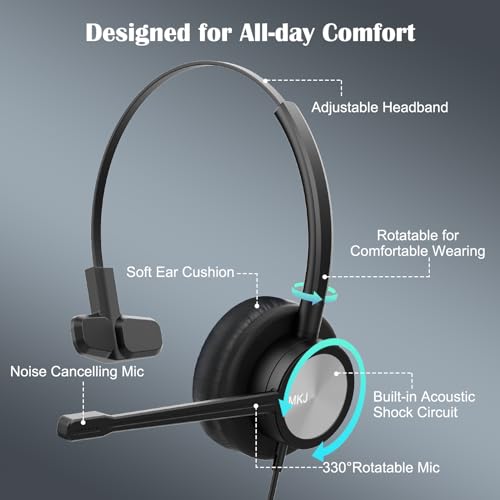 MKJ RJ9 Headset with Microphone, Noise Cancelling Wired VoIP Headphone for Call Center, Office Headset Compatible with Cisco Phone 7841 7861 7942G 7961G 7962G 7971G 7975G 8841 9951 9971