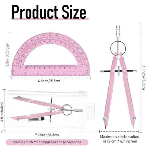 EBOOT Student Geometry Math Set, Metal Drawing Compass and 6 Inch Clear Swing Arm Protractors 180 Degree Math Protractor(Pink and Pink)