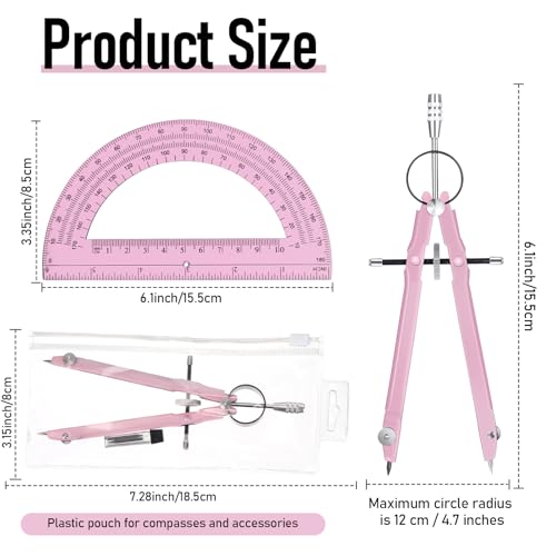 Pink EBOOT Math Geometry Set with 6-Inch Compass & Clear Protractor - Kids & Students