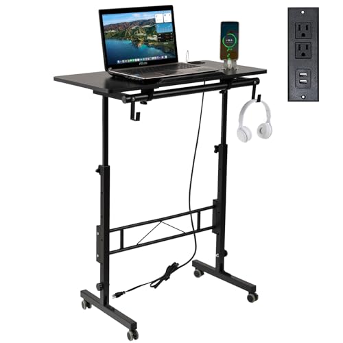 SIDUCAL Standing Desk Height Adjustable with Tiltable Tabletop, Rolling Laptop Desk with Charging Station, Sit Stand Portable Stand Up Desk with Wheels, Black