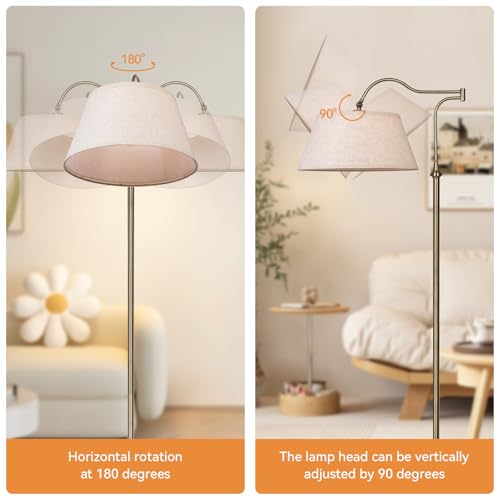 Swing Arm Floor Lamp, Brass Floor Lamps for Living Room with 180¡Æ Adjustable Cantilever, Beige Linen Lampshade, Mid Century Floor Lamp for Bedroom Office Home Nursery Study Room Hotel(Bronze)