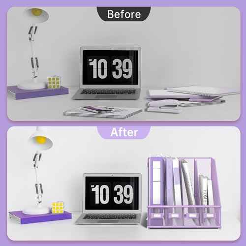 SUPEASY Magazine File Holder Desk Organizer, Metal Binder Holder with 4 Vertical Compartments for Office Home School, Purple Plus