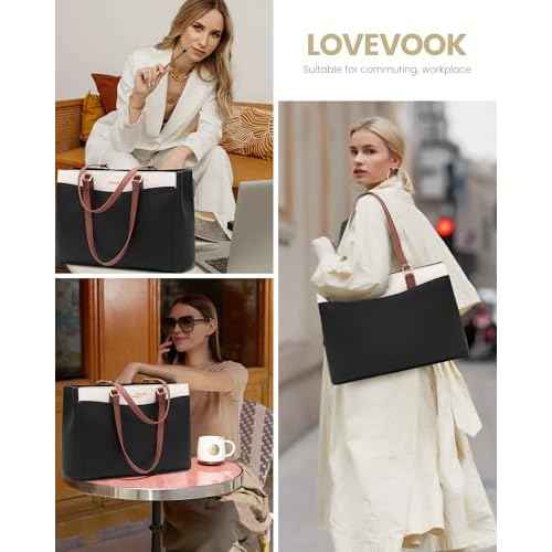 LOVEVOOK Laptop Tote Bag for Women, Work Bags Teacher Tote Bag, Waterproof Leather Computer Bag, Business Laptop Purse Office Handbag Professional Briefcase, 17 Inch, Black-Beige-Brown