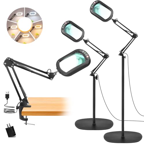 10X Magnifying Glass with Light and Stand, 3-in-1 Magnifying Floor Lamp with Clamp, 5 Color Modes LED Dimmable Standing Magnifier with Light Hands Free for Close Work, Sewing, Painting, Reading