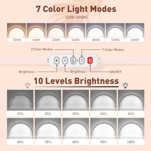 HITTI 29in Half Moon Light for Nail Desk with Phone Holder, Foldable Nail Tech Light, Lash Table Lamp with Wire Controller & Remote, 7 Color Modes 10 Brightness for Extension Tattoo Craft Beauty-White
