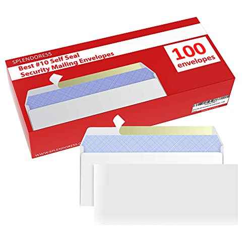 #10 Envelopes Letter Size Self Seal | 100 Business Mailing Security Peel and Sealing Envelope | 100% Tinted | no 10 White Windowless Legal Regular Plain Envelops Pack | 4-1/8 x 9-1/2 Inches | 24 LB
