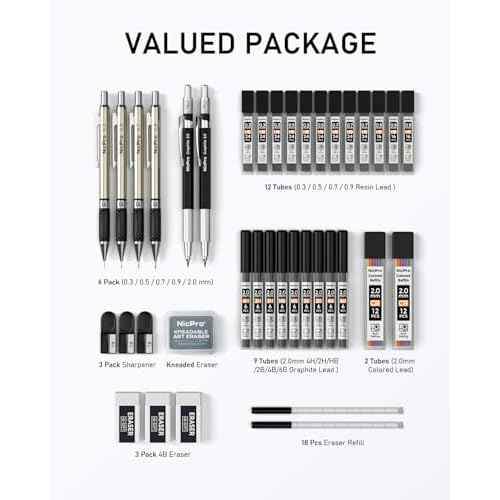 Nicpro 37PCS Art Mechanical Pencil Set, 4PCS Metal Drafting Pencil 0.3mm, 0.5 mm, 0.7 mm, 0.9 mm & 2PCS 2mm Lead Holder (6B 4B 2B HB 2H 4H Colors) For Sketching Drawing With 23 Tube Lead Refills Case