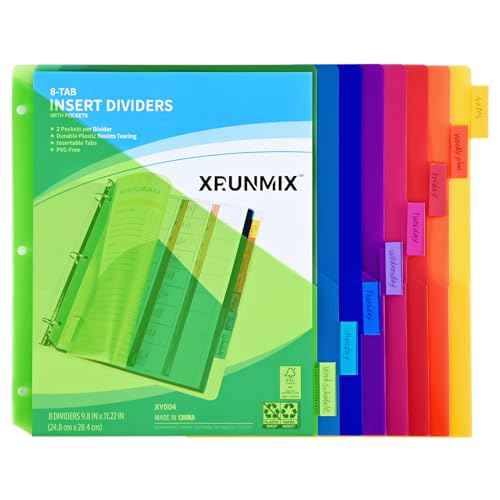 8-Tab Binder Dividers - Index Pockets Divider for 3 Ring Binders, 3-Hole Plastics Sheets Protectors for US Letter Size in 0.5'', 1'', 2'', 3 inch Binders, 8 Colors (XY004) (1 Pack)