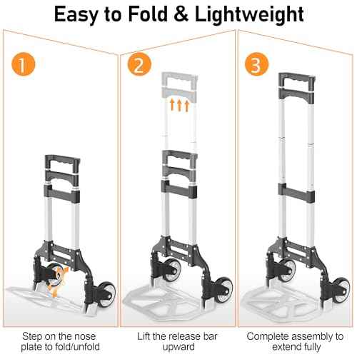 Folding Hand Truck - Aluminum Portable Dolly Cart with Telescopic Handle, Bungee Cord - Compact Lightweight Foldable Luggage Cart for Moving, Home, Auto, 180lbs, Black