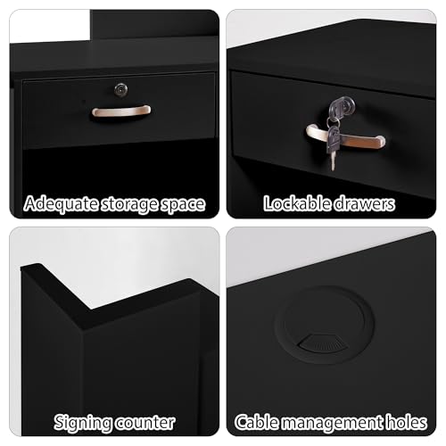Zethvax Reception Desk with 2 Lockable Drawers, Black—Compact 31in L x 17.7in W x 29.9in H with Cable Management