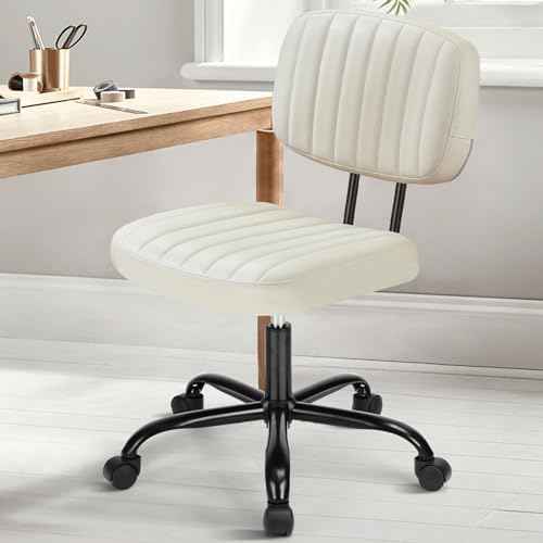 DUMOS Small Armless Home Desk Chair with Low Back Lumbar Support, Height Adjustable PU Leather Computer Task Chair with 360¡Æ Swivel Wheels, for Small Space, Kids and Adults, Beige White