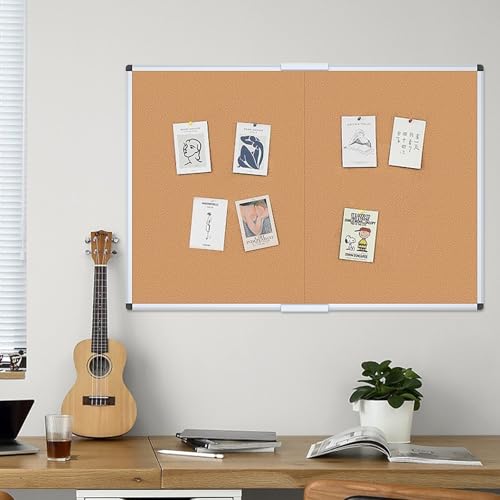 VIZ-PRO Foldable Cork Bulletin Board 36x24 Inches Silver Aluminum Frame