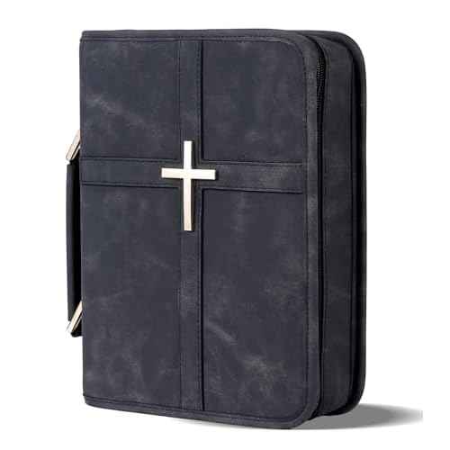 Vegan Leather Bible Cover Case, Bible Bag with Phone Pocket, Bible Case for Men Women, Christian Gift Box Packaging (Black, Large)