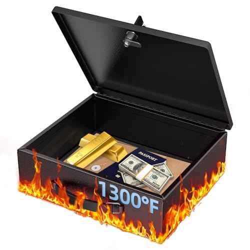 Uniclife Fireproof Document Box with Key Lock & Handle, 13" x 10.9" x 4.1", Large Lock Box for A4 Paper, Water-Resistant Safe Box for Valuables, Passports & Cash, Portable Security Metal Chest