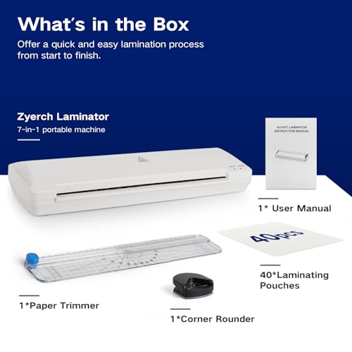 Laminator 13 Inch A3 Laminator Machine, 7 in 1 Desktop Thermal Laminator Never Jam with 40 Laminating Pouches, Paper Trimmer and Corner Rounder, Fast Warm-Up Home Office School Use, White