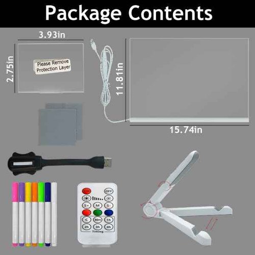 Transparent Glowing LED Note Board with Colors Reusable Planning Board 15.7 * 11.81Inch Dry Erase Board Office School Products Desktop with Remote Control Table Lamp Message Board with Stand