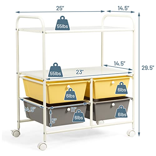 COSTWAY 4-Drawer Storage Cart, Mobile Storage Organizer w/Steel Frame & 360¡Æ Wheels, 4-Drawer Utility Cart for Living Room, Kitchen, Bathroom & Office, Yellow & Gray
