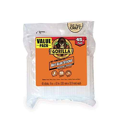 Gorilla Hot Glue Sticks, Clear Glue, Full Size 4" Long x 0.43" Diameter, 45 Count (Pack of 4) - Safe for All Temperatures with Extended Working Time