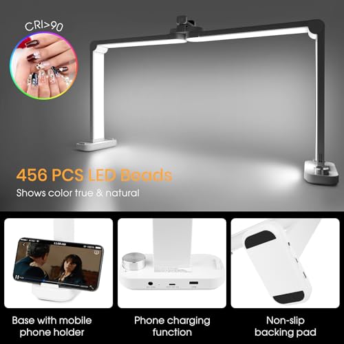 Foldable Nail Desk Lamp with Phone Holder, 456 LEDs 3-Color Adjustable (3000K-6000K), 40W for Manicure, Live Streaming & Charging