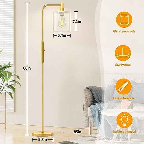Stepless Dimmable Floor Lamps with Glass Lampshade Modern Standing Lamps with 6W LED Bulb Bright Corner Lamp Tall Pole Lamps for Living Room Bedroom Office Study Room Farmhouse, Gold