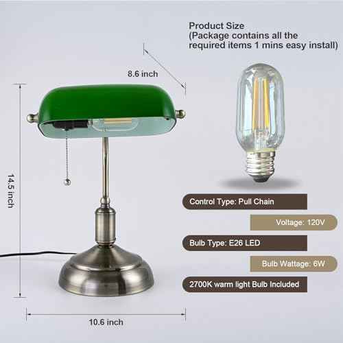 Green Glass Bankers Lamp, Glass Shade, Desk Lamp, Classic Retro Chrome Finish E26 Base Bulb Included, Vintage Desk Lamp Traditional Library Lamp for Office, Study Room