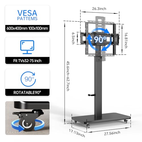 BEISHI Mobile TV Cart Stand 32-75 Inch with Outlet - Height Adjust 45.6-62.7in, 90° Swivel, Wheels