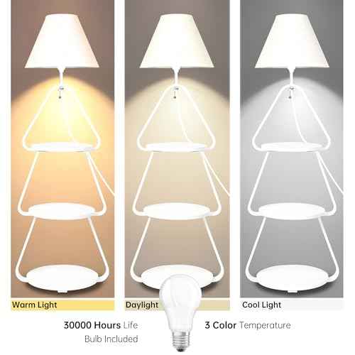 Floor Lamp with Small Round Side Table, 3-Tier Circular End Table with Storage Shelf, Round Corner Coffee Desk Nightstand for Living Room Bedroom Small Spaces, White