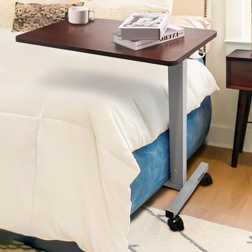 Hospital Bed Table on Wheels Adjustable Height 32–41.5 in, 31.5 x 15.5 in Walnut Brown - Skuehod