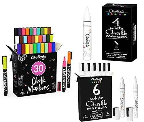 Chalkola 30 Markers 1mm + 4 white 3mm + 6 white Variety Markers Bundle