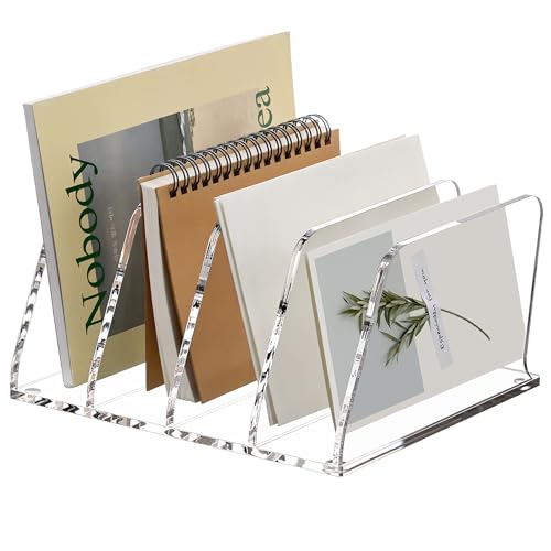 SANRUI Acrylic Desk File Sorter Organizer Holder, 4-Section Clear Vertical Letter File Folder Rack, Notebook Magazine Desktop Binder Mails Storage Bookshelf Upright Divider for Home Office School