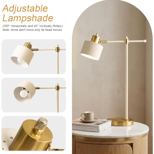 OYEARS 22.2" Cream & White Modern Metal Desk Lamp with LED Bulb, Adjustable Reading Light for Home Office & Bedroom